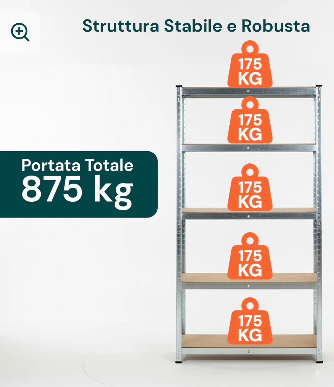 Scaffale 5 Ripiani Metallo Zincato E Mdf Effetto Legno Portata Totale 875kg