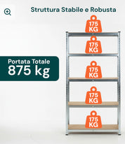 Scaffale 5 Ripiani Metallo Zincato E Mdf Effetto Legno Portata Totale 875kg